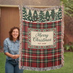 Plaid Family Christmas Woven Blanket - Tartan Throw with Name Plate, Est. 2026