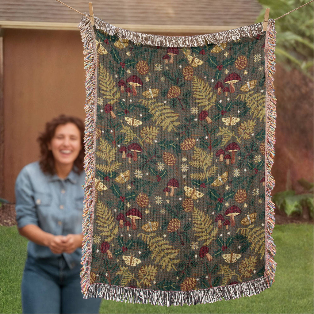 Dark Forest Floor Cottagecore Christmas Woven Blanket - Mushroom & Fern Tapestry Throw
