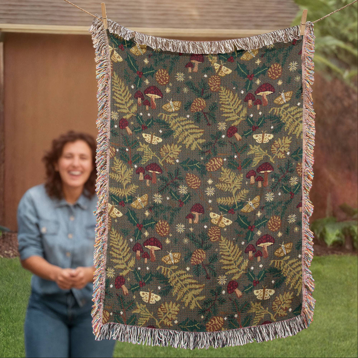 Dark Forest Floor Cottagecore Christmas Woven Blanket - Mushroom & Fern Tapestry Throw