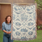 Toile de Jouy Christmas Woven Blanket - Blue & Cream Santa Sleigh Tapestry Throw