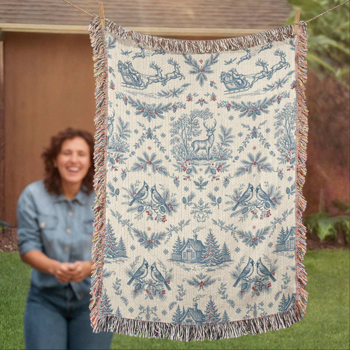Toile de Jouy Christmas Woven Blanket - Blue & Cream Santa Sleigh Tapestry Throw
