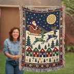 Santa & Reindeer Christmas Woven Blanket - Vintage Sleigh Tapestry Throw