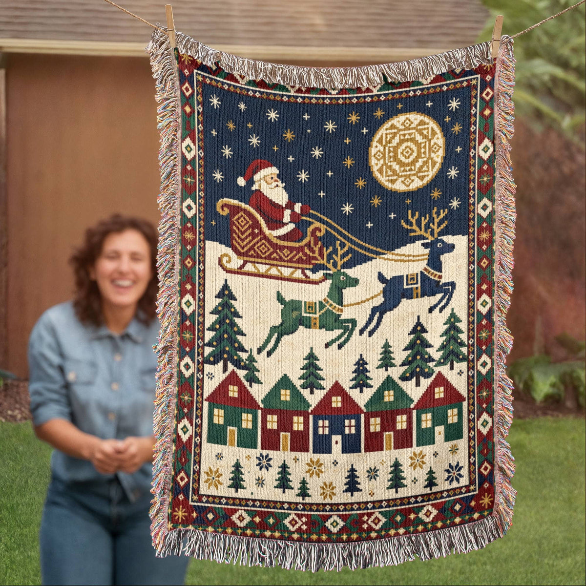 Santa & Reindeer Christmas Woven Blanket - Vintage Sleigh Tapestry Throw