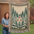 Snowy Evergreen Forest Christmas Woven Blanket - Deer & Cabin Tapestry Throw