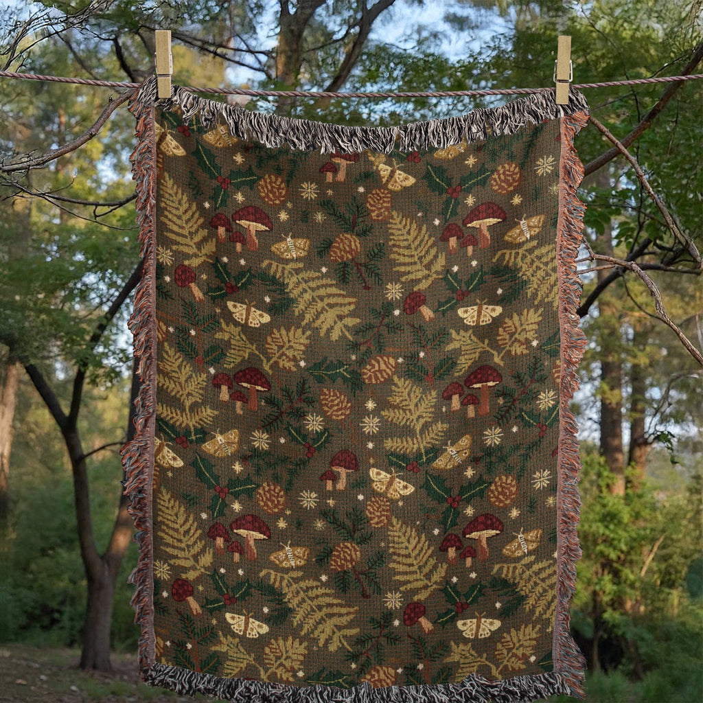 Dark Forest Floor Cottagecore Christmas Woven Blanket - Mushroom & Fern Tapestry Throw
