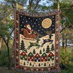 Santa & Reindeer Christmas Woven Blanket - Vintage Sleigh Tapestry Throw