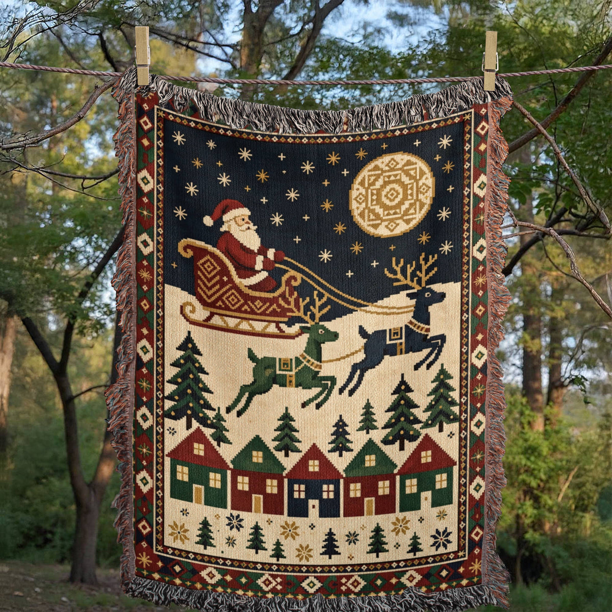 Santa & Reindeer Christmas Woven Blanket - Vintage Sleigh Tapestry Throw