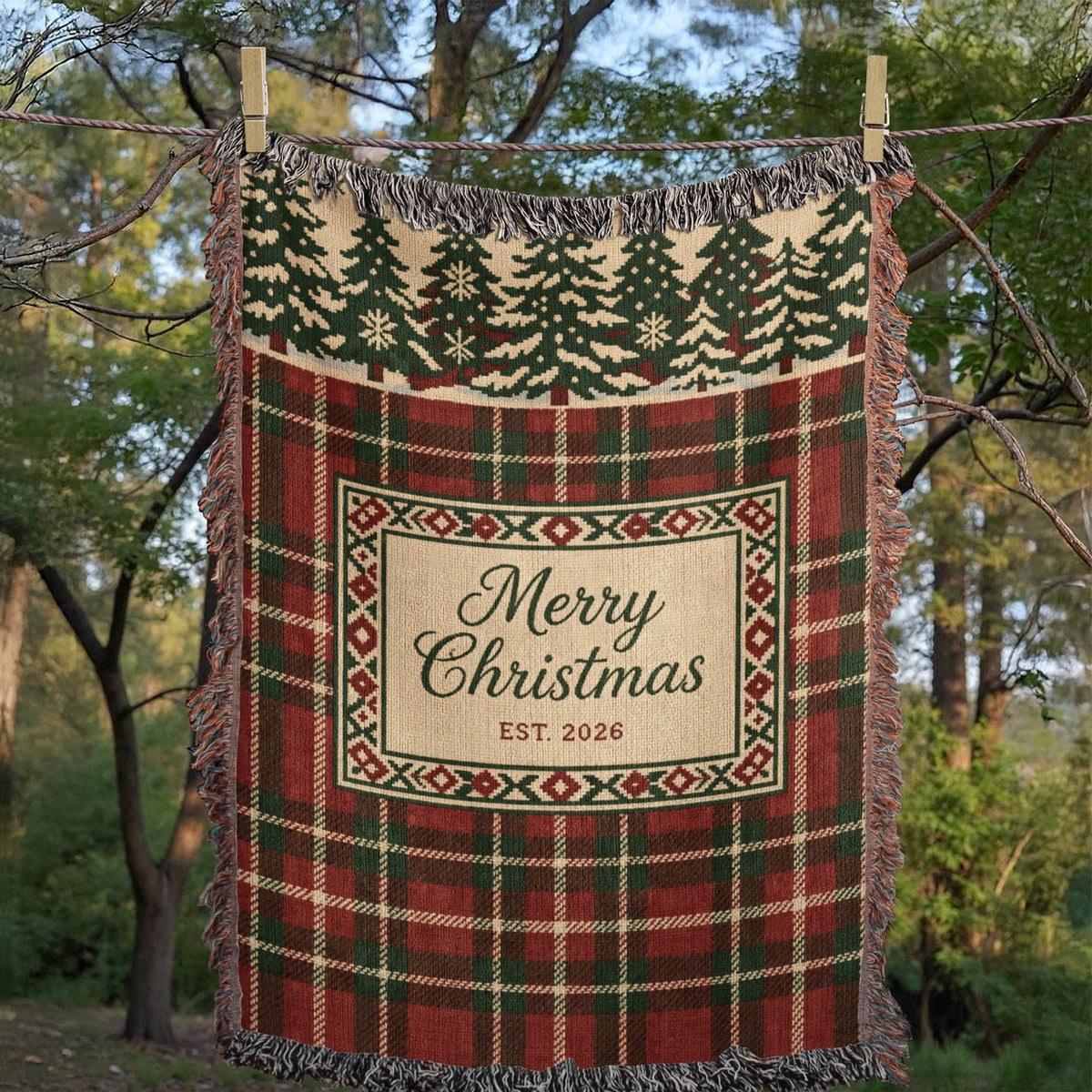 Plaid Family Christmas Woven Blanket - Tartan Throw with Name Plate, Est. 2026