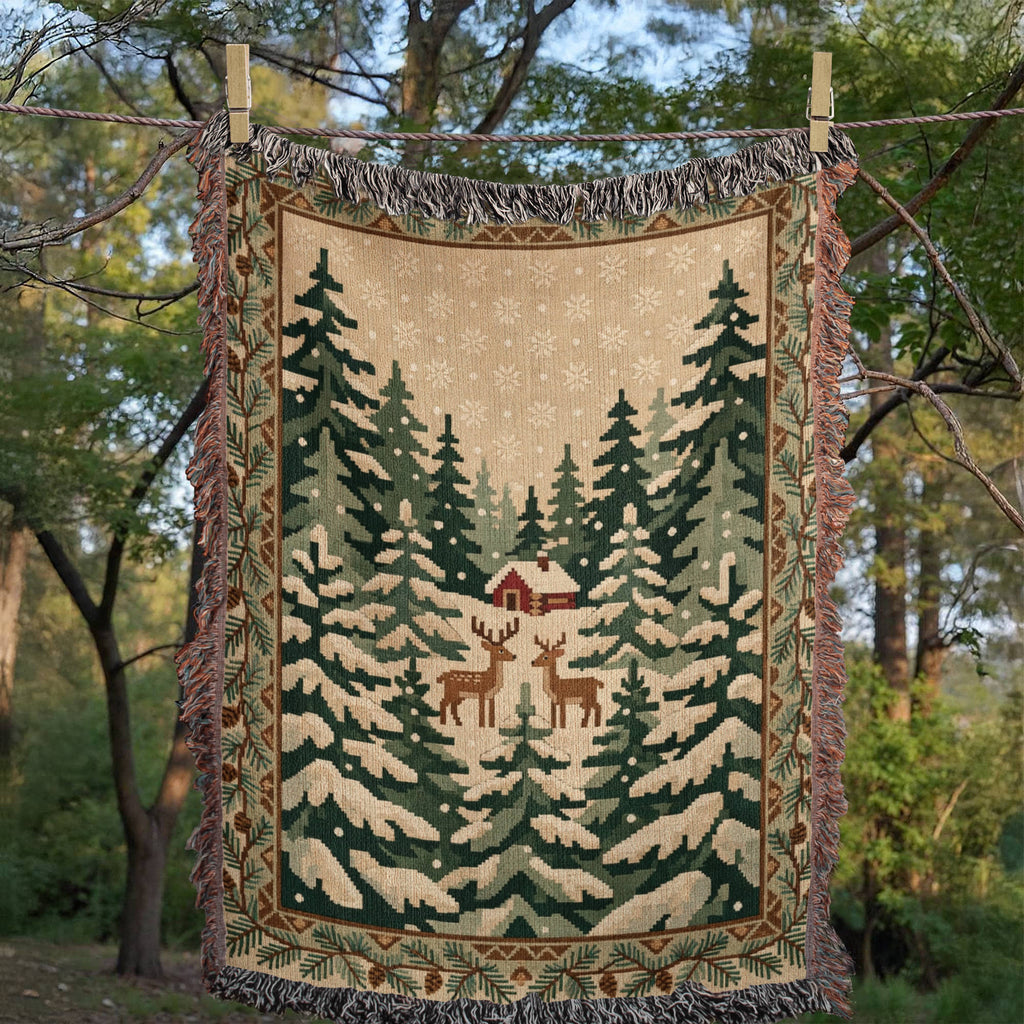 Snowy Evergreen Forest Christmas Woven Blanket - Deer & Cabin Tapestry Throw
