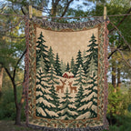 Snowy Evergreen Forest Christmas Woven Blanket - Deer & Cabin Tapestry Throw