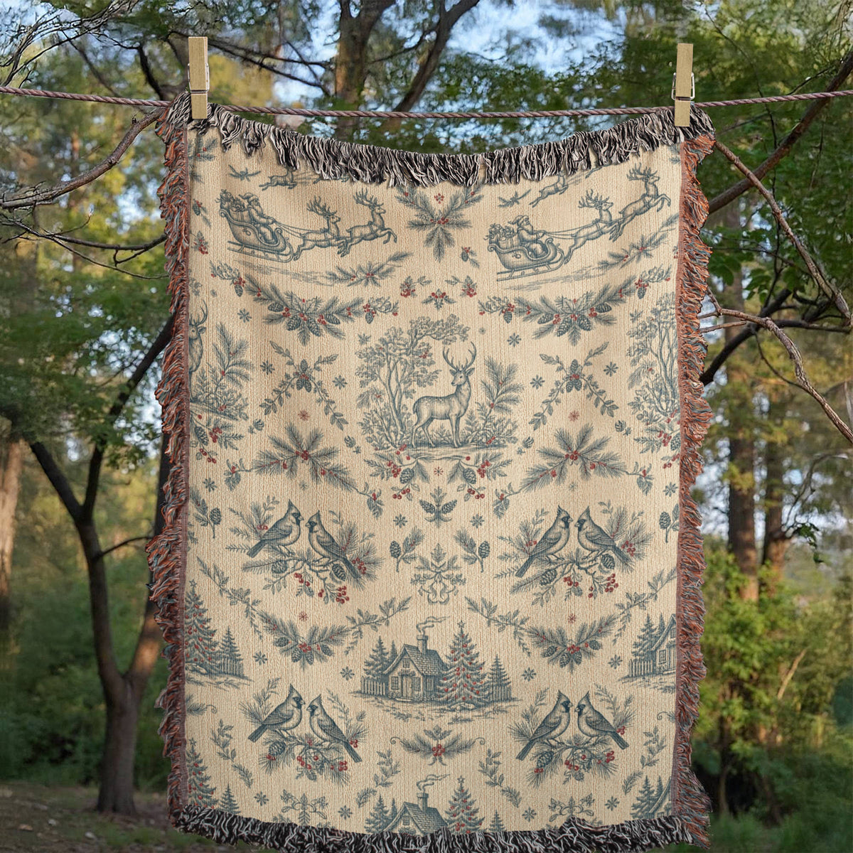 Toile de Jouy Christmas Woven Blanket - Blue & Cream Santa Sleigh Tapestry Throw