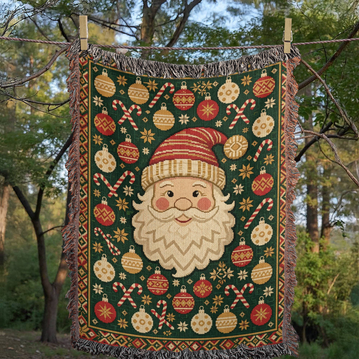 Retro Santa Face Christmas Woven Blanket - Vintage Santa Tapestry Throw