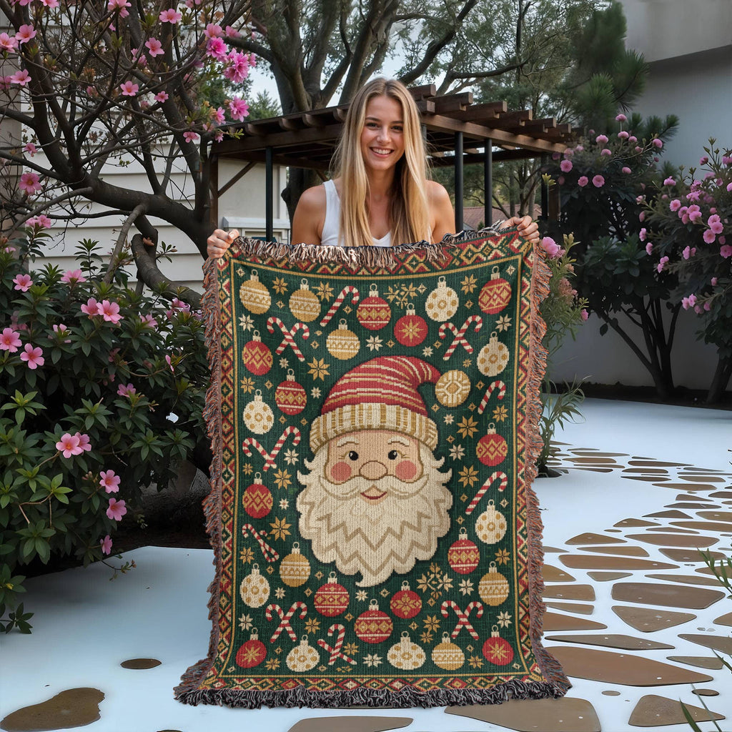 Retro Santa Face Christmas Woven Blanket - Vintage Santa Tapestry Throw