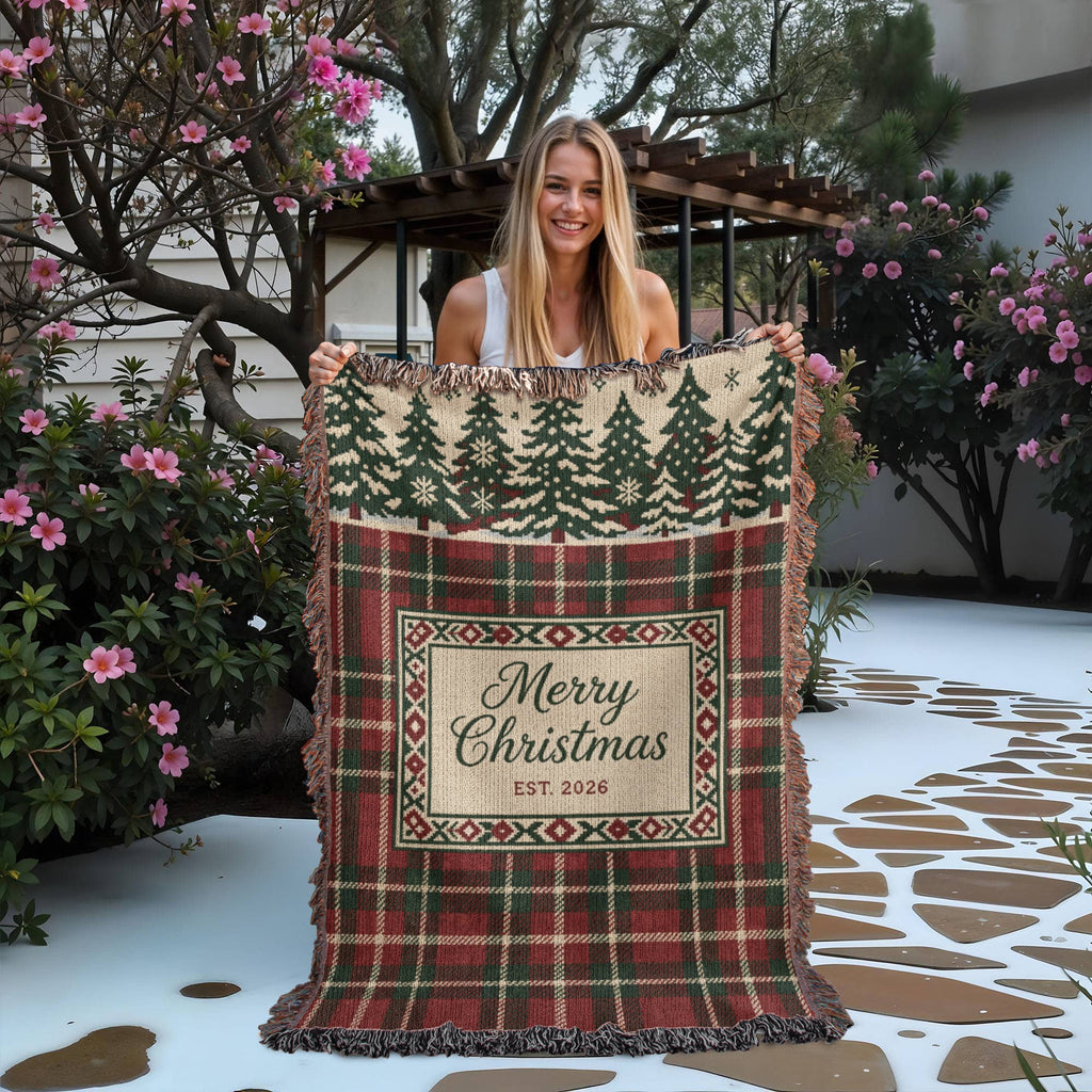 Plaid Family Christmas Woven Blanket - Tartan Throw with Name Plate, Est. 2026