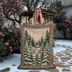 Snowy Evergreen Forest Christmas Woven Blanket - Deer & Cabin Tapestry Throw