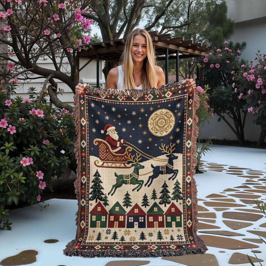 Santa & Reindeer Christmas Woven Blanket - Vintage Sleigh Tapestry Throw