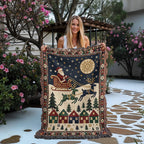 Santa & Reindeer Christmas Woven Blanket - Vintage Sleigh Tapestry Throw