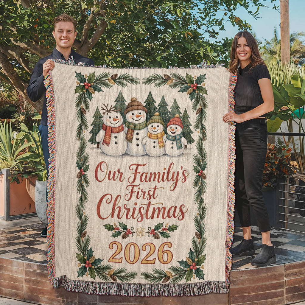 Our Family's First Christmas 2026 Woven Blanket - Snowman Family 'Merry Christmas' Throw