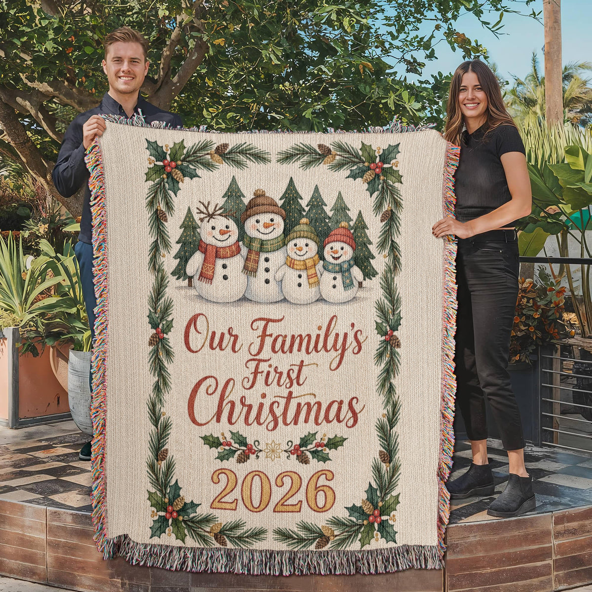 Our Family's First Christmas 2026 Woven Blanket - Snowman Family 'Merry Christmas' Throw