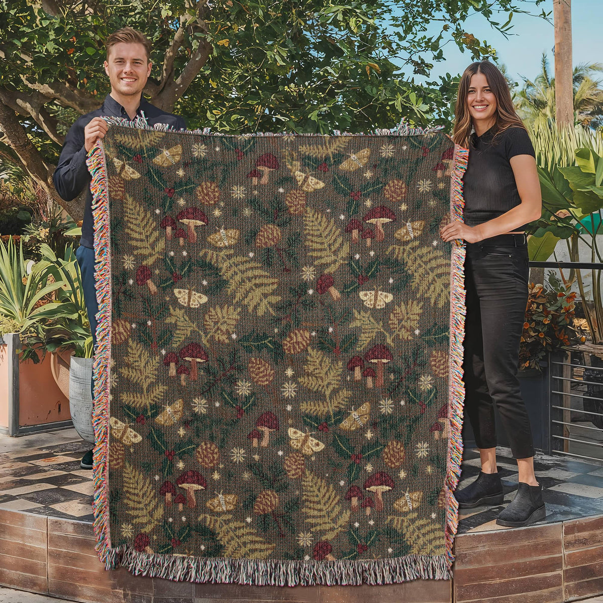 Dark Forest Floor Cottagecore Christmas Woven Blanket - Mushroom & Fern Tapestry Throw