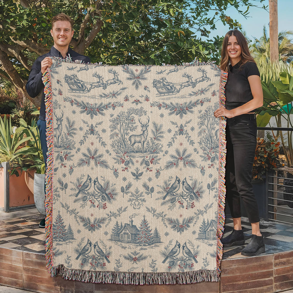 Toile de Jouy Christmas Woven Blanket - Blue & Cream Santa Sleigh Tapestry Throw