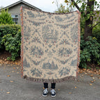 Toile de Jouy Christmas Woven Blanket - Blue & Cream Santa Sleigh Tapestry Throw