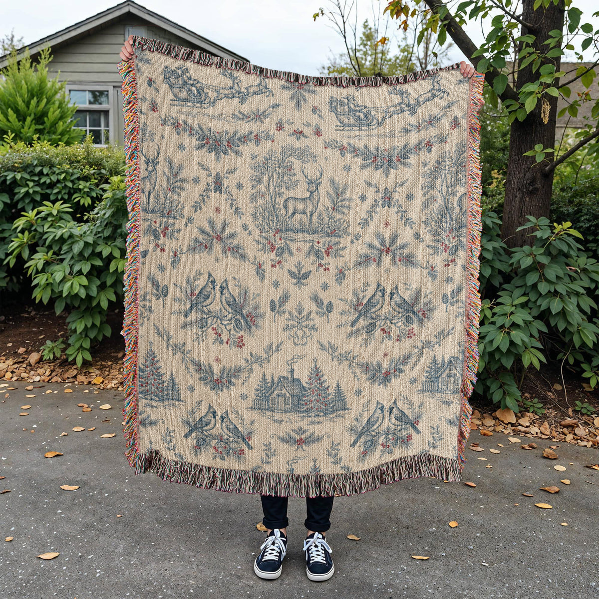 Toile de Jouy Christmas Woven Blanket - Blue & Cream Santa Sleigh Tapestry Throw