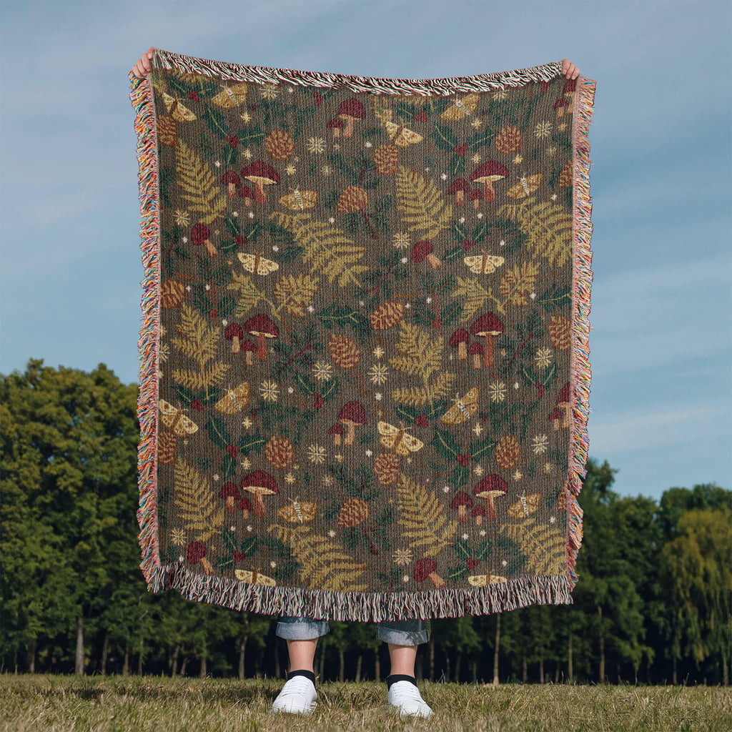 Dark Forest Floor Cottagecore Christmas Woven Blanket - Mushroom & Fern Tapestry Throw
