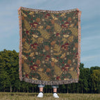 Dark Forest Floor Cottagecore Christmas Woven Blanket - Mushroom & Fern Tapestry Throw
