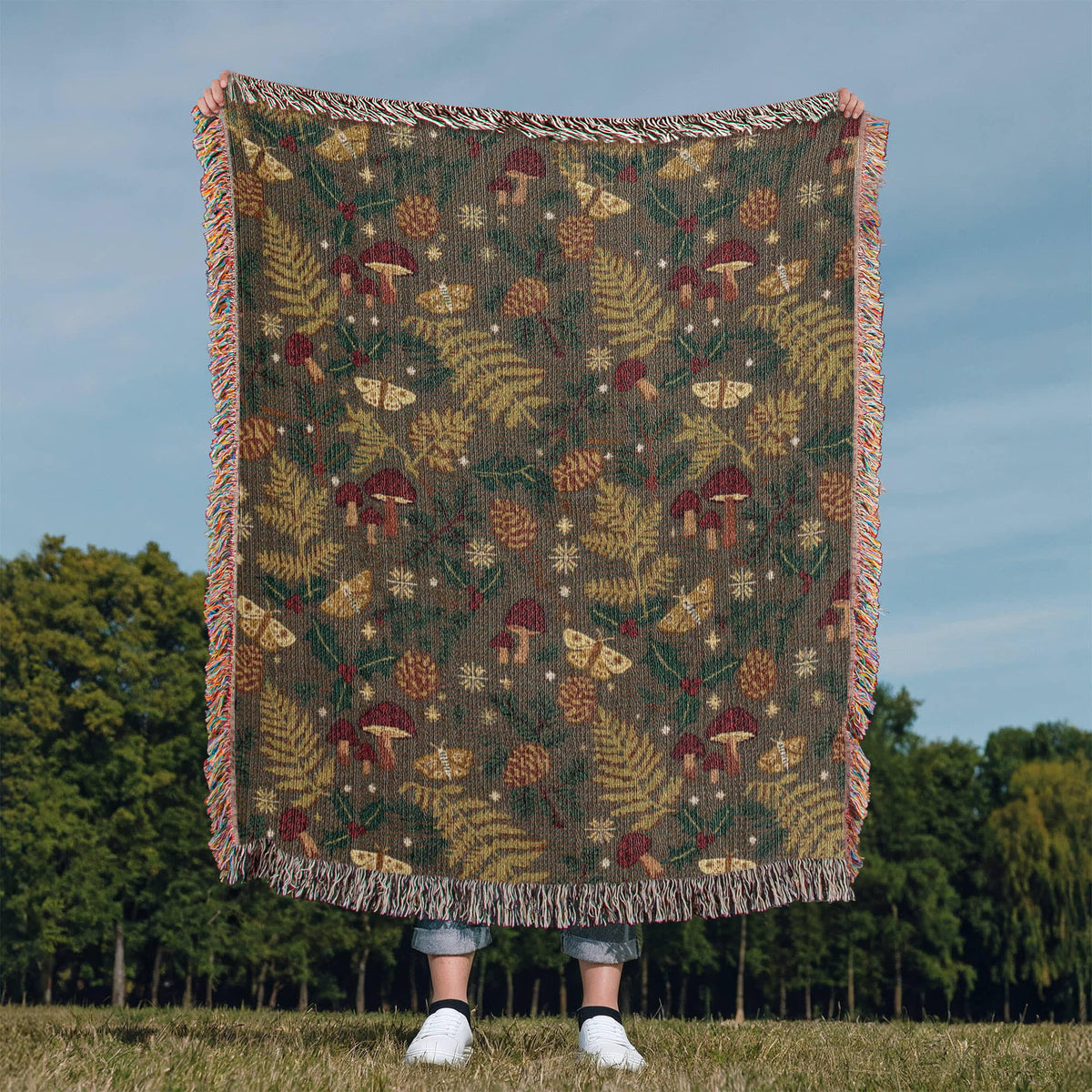 Dark Forest Floor Cottagecore Christmas Woven Blanket - Mushroom & Fern Tapestry Throw