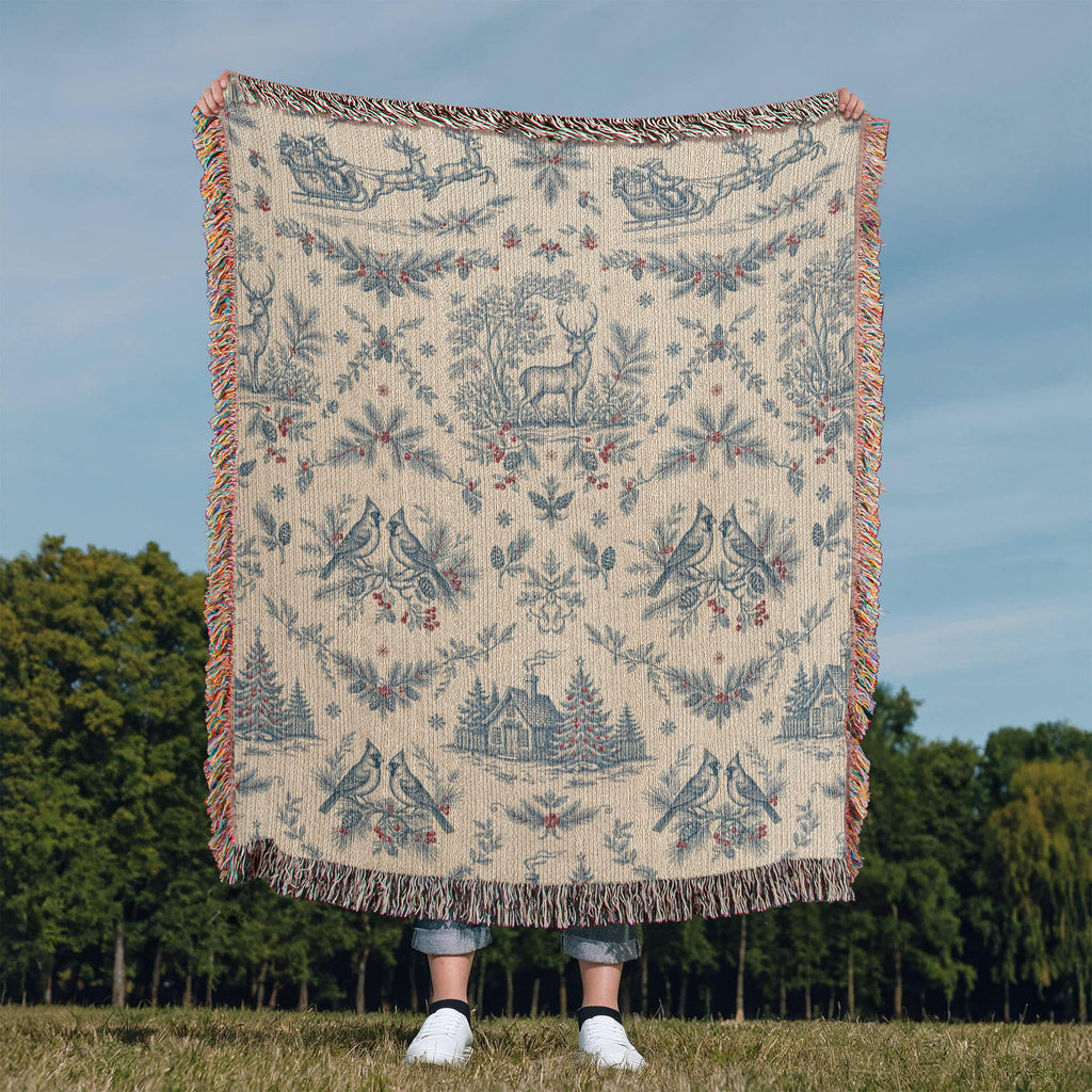 Toile de Jouy Christmas Woven Blanket - Blue & Cream Santa Sleigh Tapestry Throw