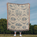 Toile de Jouy Christmas Woven Blanket - Blue & Cream Santa Sleigh Tapestry Throw