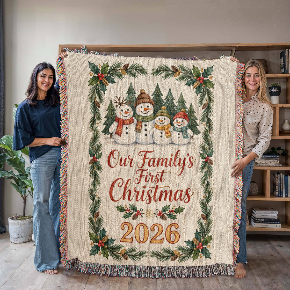 Our Family's First Christmas 2026 Woven Blanket - Snowman Family 'Merry Christmas' Throw