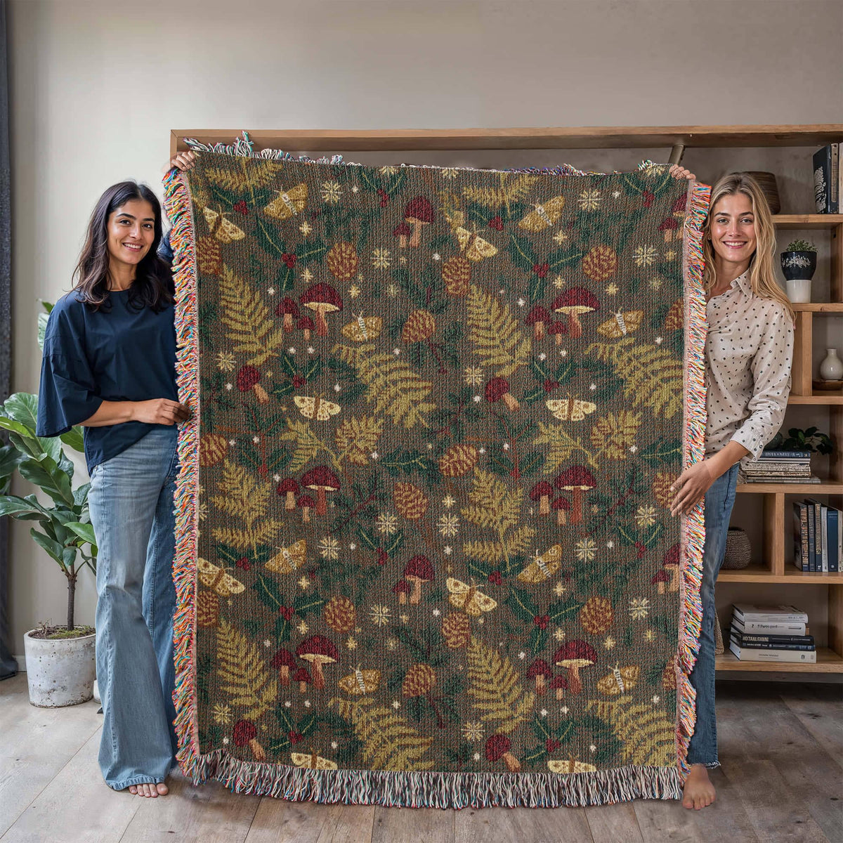Dark Forest Floor Cottagecore Christmas Woven Blanket - Mushroom & Fern Tapestry Throw