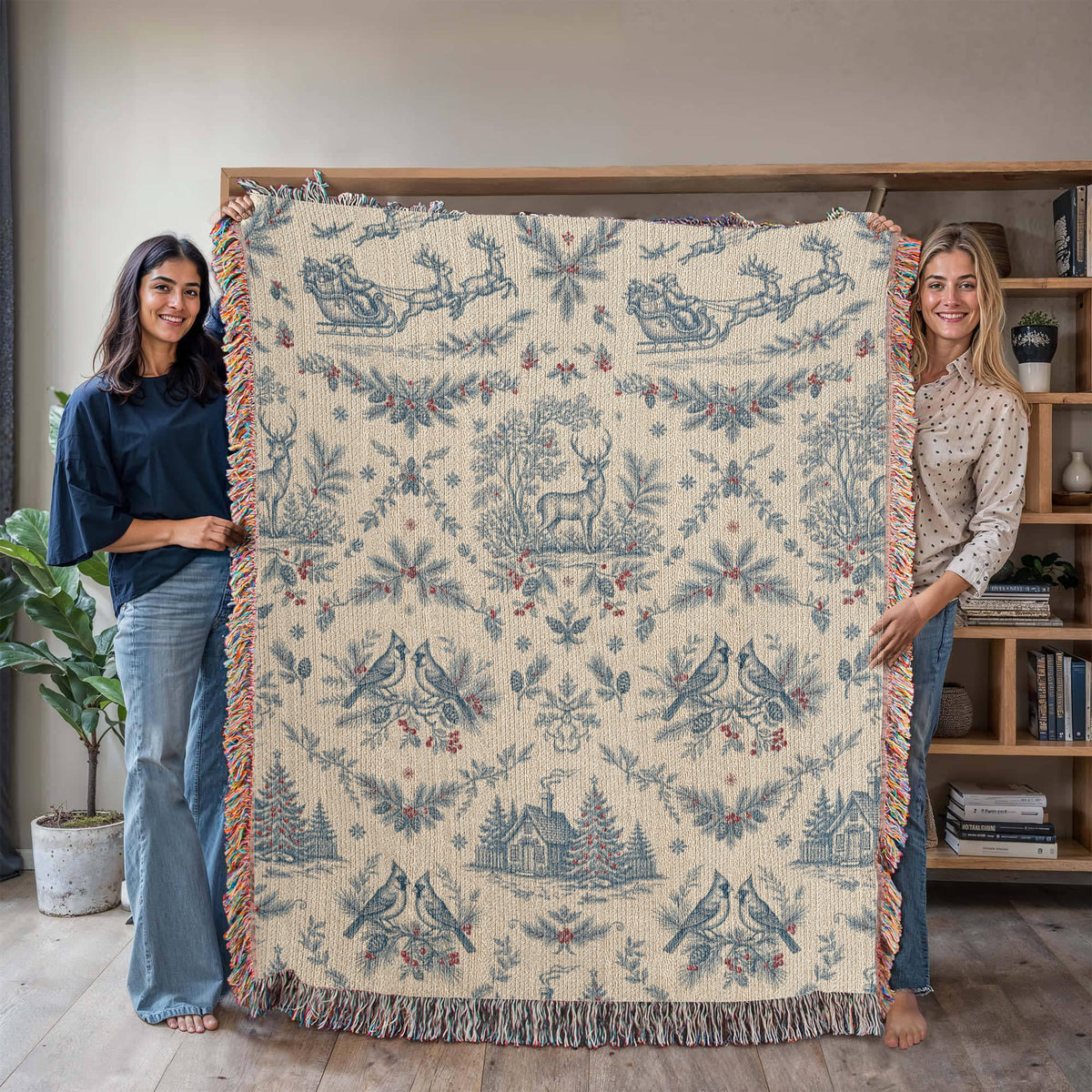 Toile de Jouy Christmas Woven Blanket - Blue & Cream Santa Sleigh Tapestry Throw