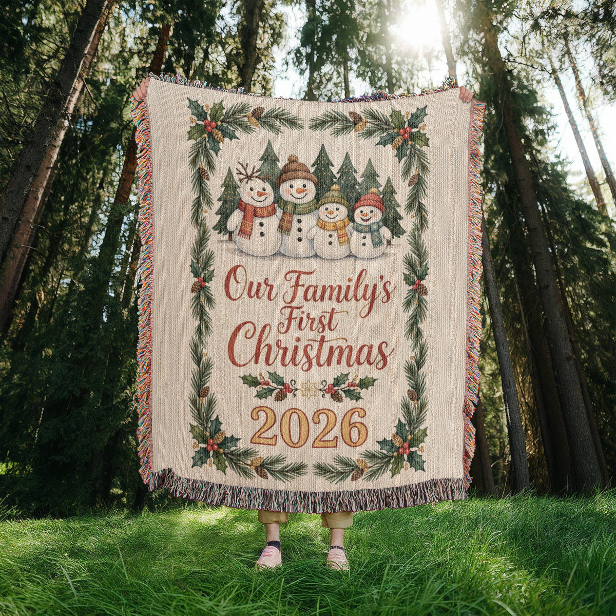 Our Family's First Christmas 2026 Woven Blanket - Snowman Family 'Merry Christmas' Throw
