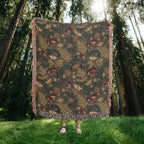 Dark Forest Floor Cottagecore Christmas Woven Blanket - Mushroom & Fern Tapestry Throw