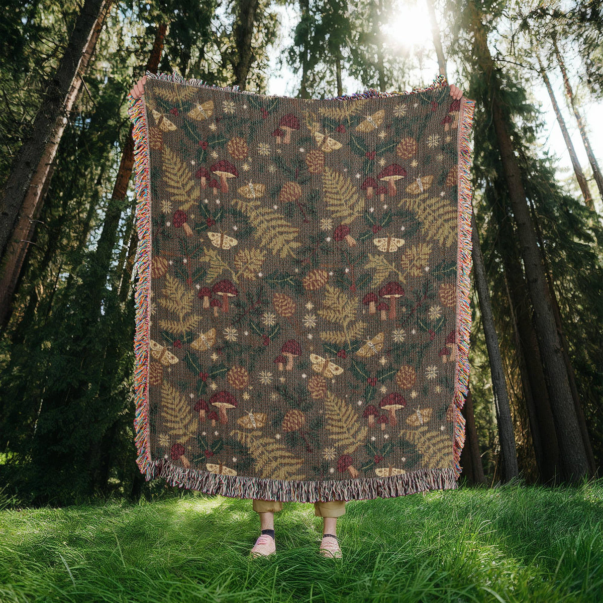 Dark Forest Floor Cottagecore Christmas Woven Blanket - Mushroom & Fern Tapestry Throw