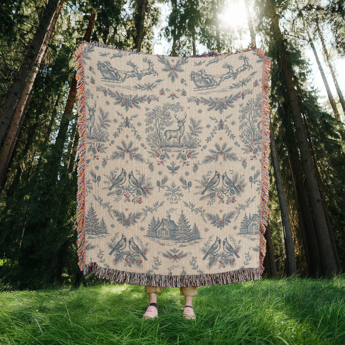 Toile de Jouy Christmas Woven Blanket - Blue & Cream Santa Sleigh Tapestry Throw