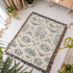 Toile de Jouy Christmas Woven Blanket - Blue & Cream Santa Sleigh Tapestry Throw