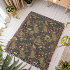 Dark Forest Floor Cottagecore Christmas Woven Blanket - Mushroom & Fern Tapestry Throw