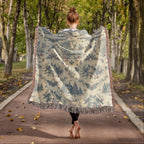 Toile de Jouy Christmas Woven Blanket - Blue & Cream Santa Sleigh Tapestry Throw