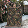 Dark Forest Floor Cottagecore Christmas Woven Blanket - Mushroom & Fern Tapestry Throw