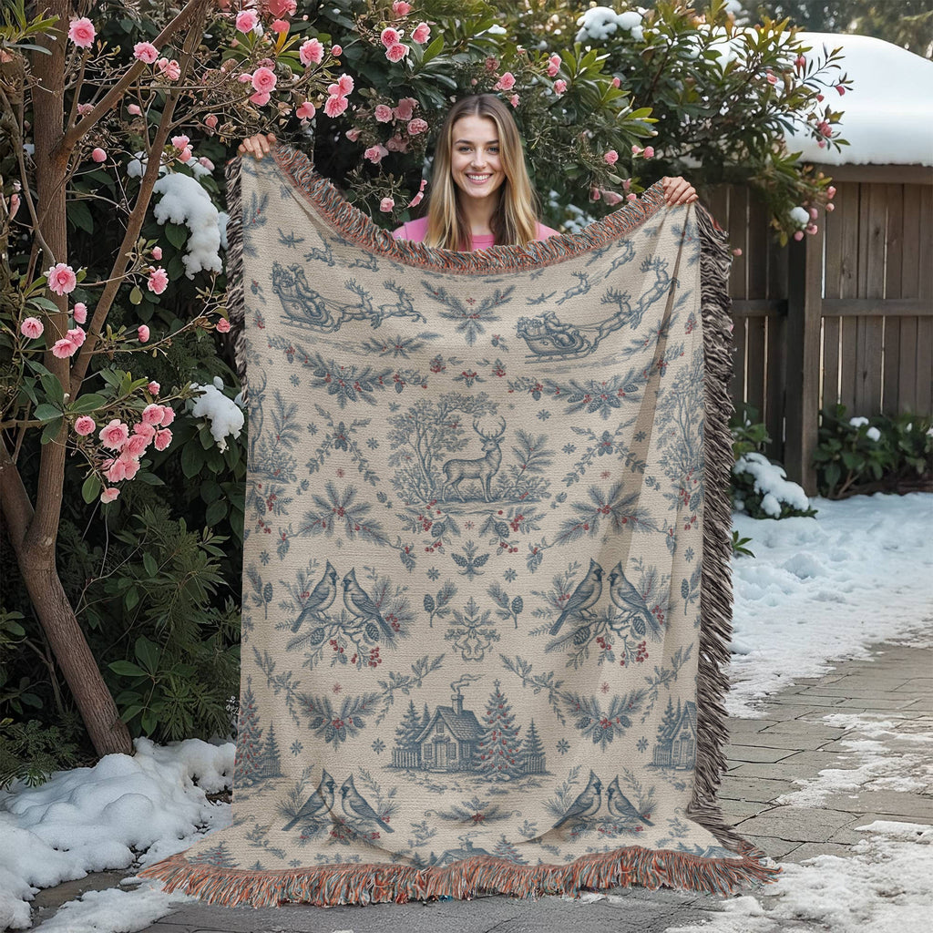 Toile de Jouy Christmas Woven Blanket - Blue & Cream Santa Sleigh Tapestry Throw