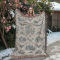 Toile de Jouy Christmas Woven Blanket - Blue & Cream Santa Sleigh Tapestry Throw