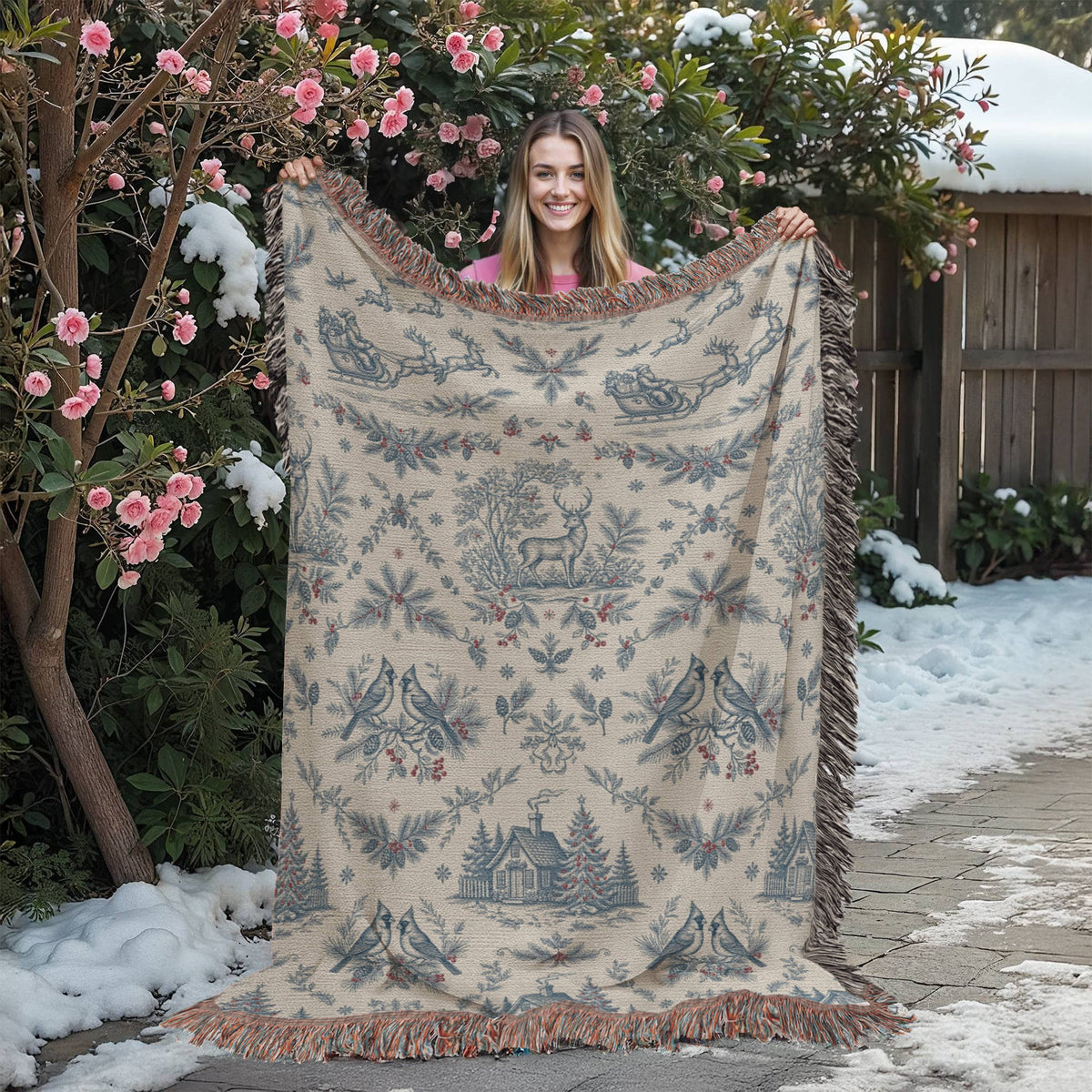 Toile de Jouy Christmas Woven Blanket - Blue & Cream Santa Sleigh Tapestry Throw