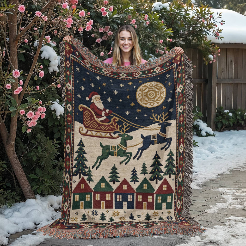 Santa & Reindeer Christmas Woven Blanket - Vintage Sleigh Tapestry Throw
