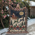 Santa & Reindeer Christmas Woven Blanket - Vintage Sleigh Tapestry Throw