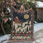 Santa & Reindeer Christmas Woven Blanket - Vintage Sleigh Tapestry Throw