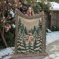 Snowy Evergreen Forest Christmas Woven Blanket - Deer & Cabin Tapestry Throw